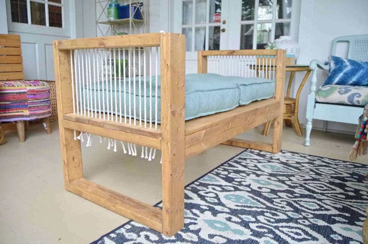 2x4 outdoor bench with rope detail