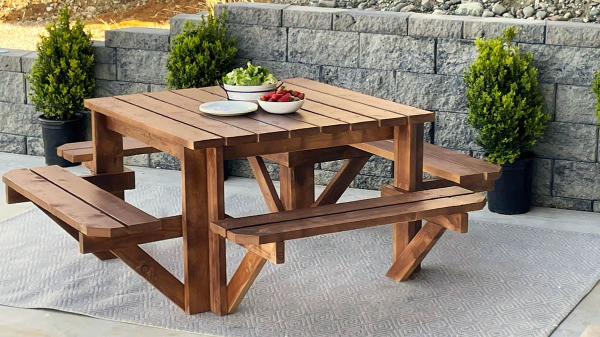 Square picnic table with seating on all four sides