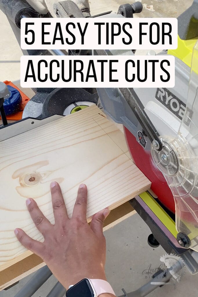 cutting a board on a miter saw with text overlay