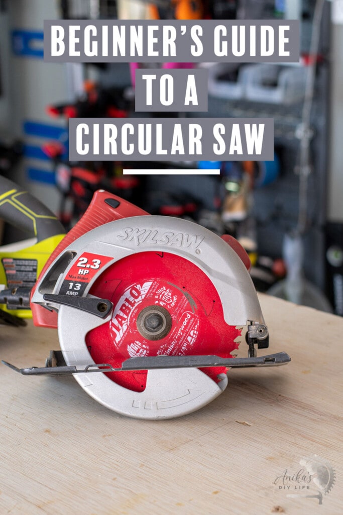 Circular saw on workbench with text overlay
