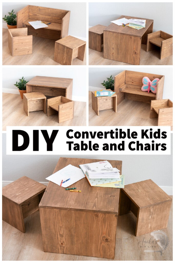 collage of convertible DIY table and chair set in various combinations with text overlay