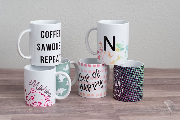 Collection of coffee mugs made using the Mugpress