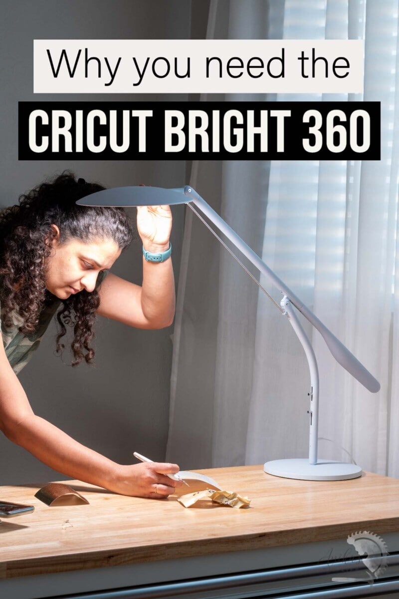 Woman using Cricut Bright 360 on desk with text overlay