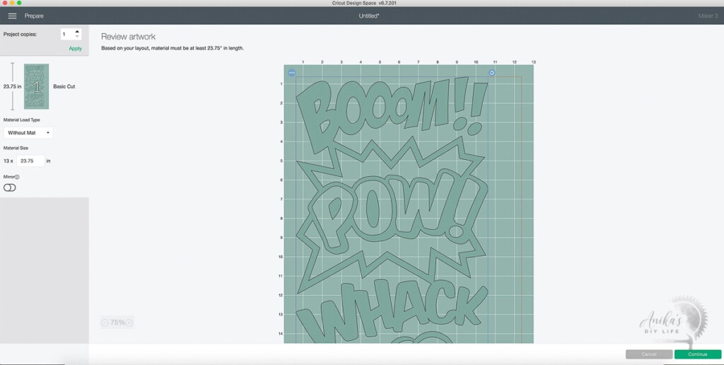 Screenshot showing long design cut ready to go on Cricut Maker 3