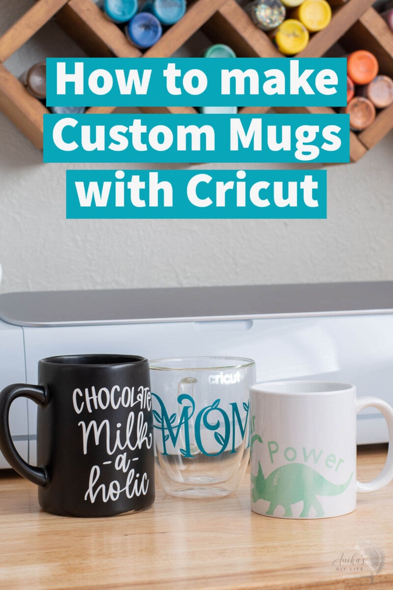 Personalized mug in front of Cricut machine with text overlay