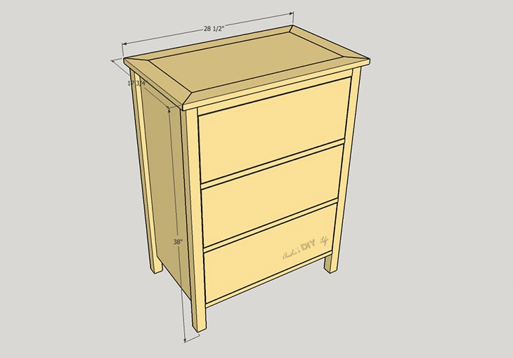 schematic of DIY 3 drawer dresser