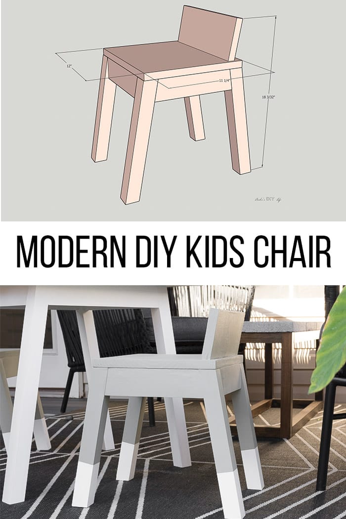 Modern angled leg DIY Kids chair collage with plans schematic