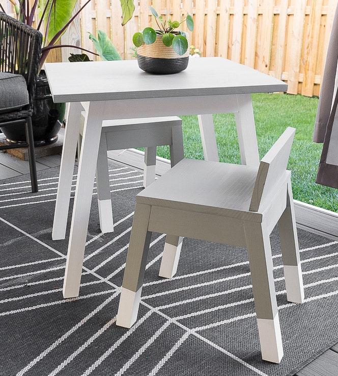 DIY angled leg kids table and chair in patio