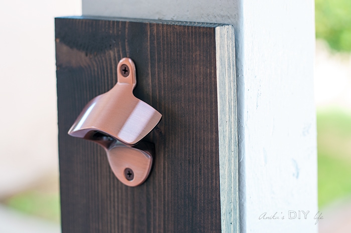 DIY wall mounted bottle opener with copper accents