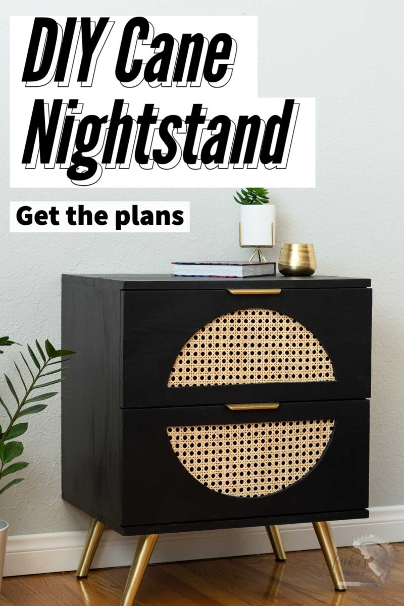 DIY nightstand with cane drawer front with text overlay