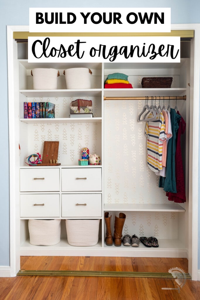 Organized closet with clothes and accessories with text overlay