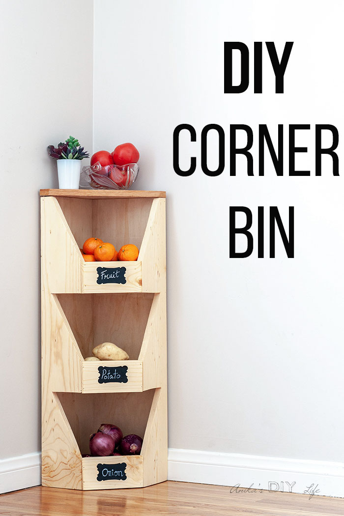 DIY corner vegetable bin with fruits and vegetables and text overlay