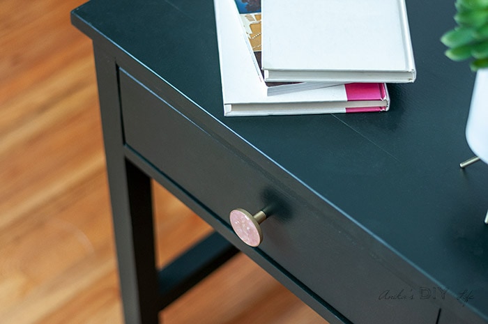Close up of diy charging nightstand and the drawer knob