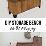 DIY entryway bench with shoe storage collage with schematic and text overlay