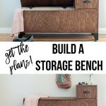 collage of entryway bench with storage open and closed with text overlay