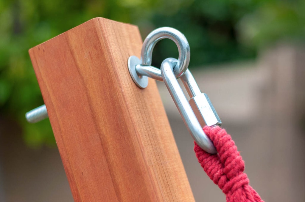 Eye bolt and quick link to attach hammock to the DIY hammock stand