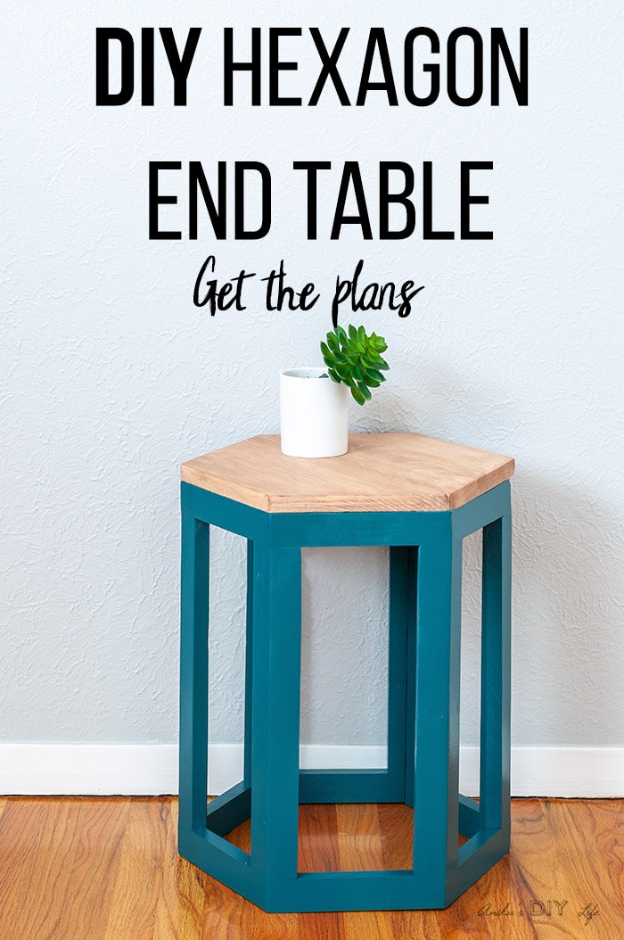 Teal DIY Hexagon end table with stained top and text overlay