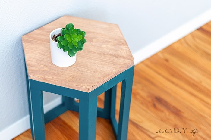 Close up of the DIY Hexagon end table with small plant on top
