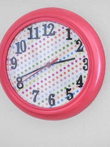 Ikea Rushc wall clock makeover with colored scrapbook paper