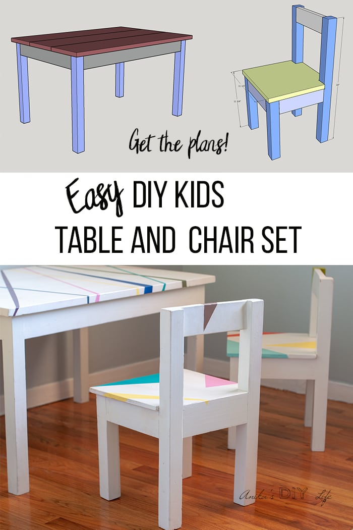 Collage of schematic and pictures of DIY kids table and chair set.