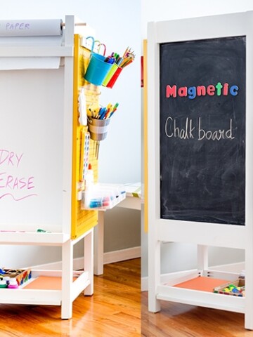 This is such a great idea! DIY kids art station with organization, magnetic chalkboard, white board, art display, art paper holder and art supply organization. Perfect for small homes with no wall space to create a children's art station.