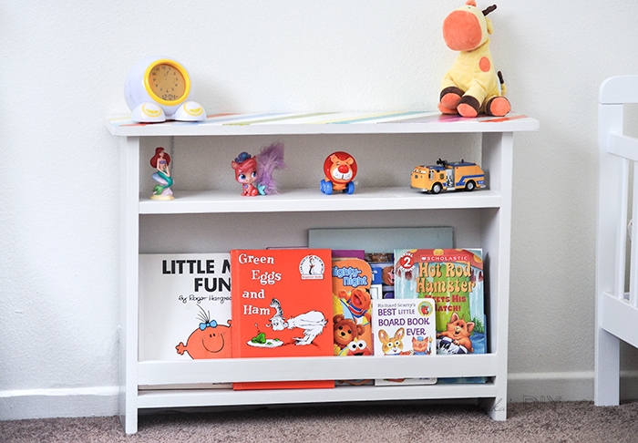 DIY Kids bedside table with book storage and toys.