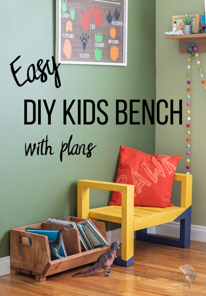 Yellow DIY kids bench in a green kids room with text overlay