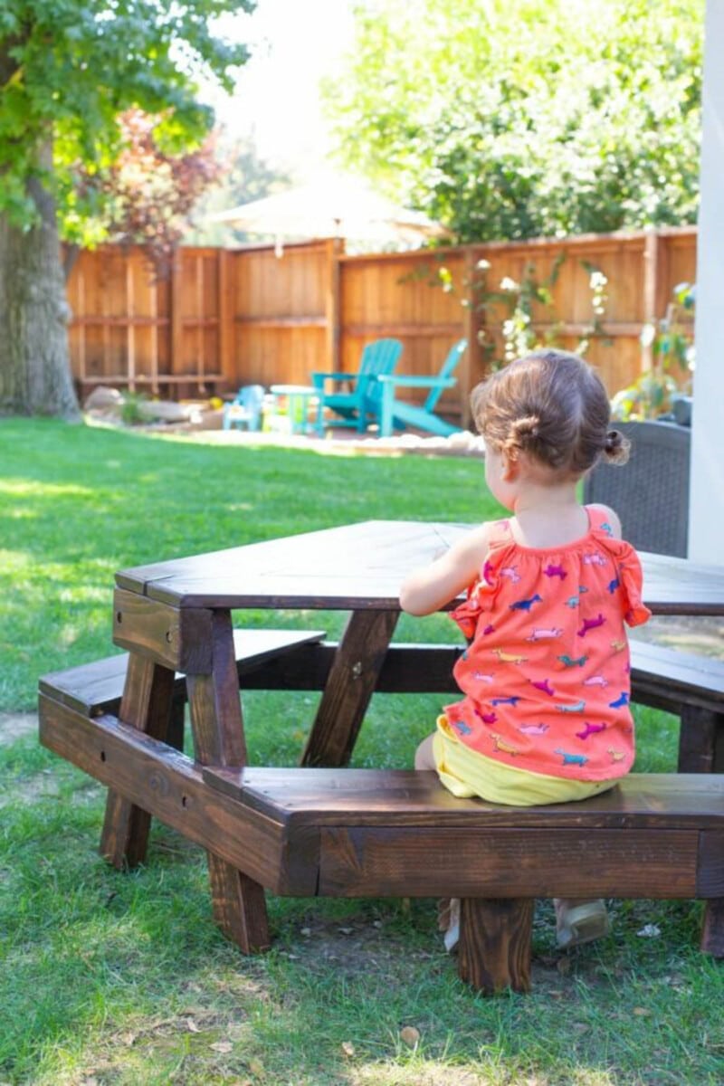 DIY kids picnic table with attached bench seating