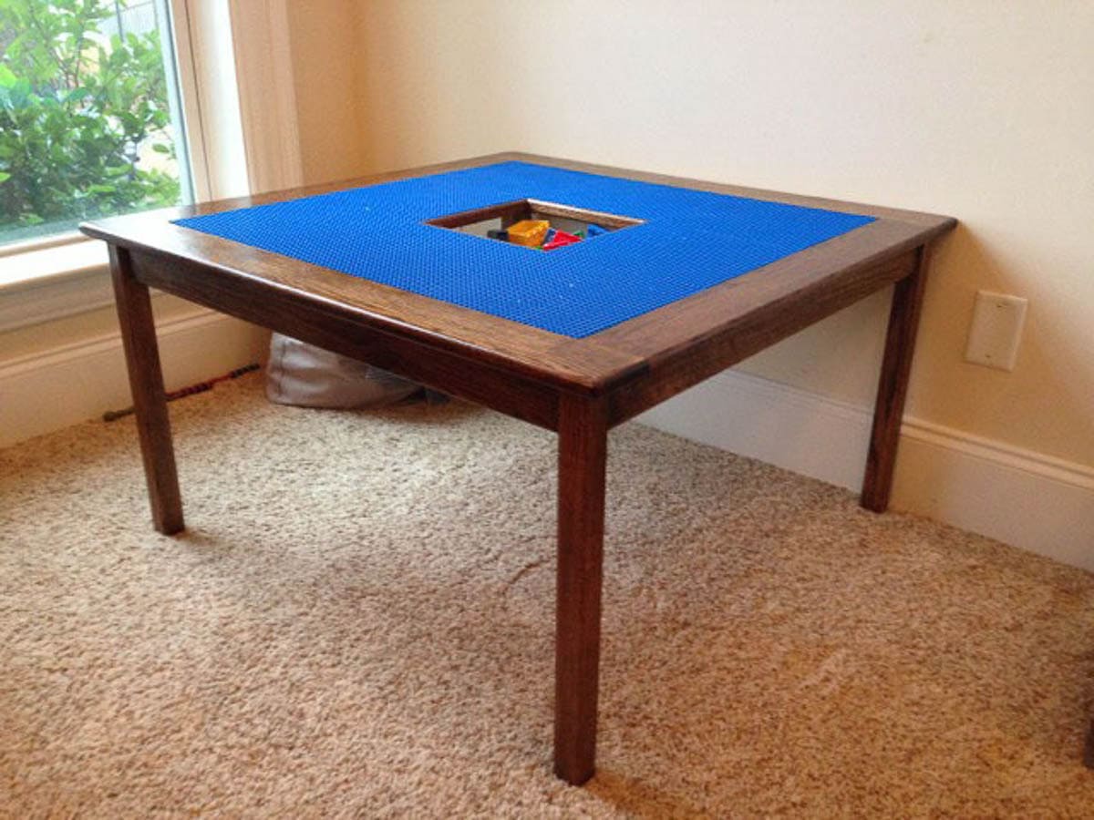 kids square table with lego mat and storage in the center
