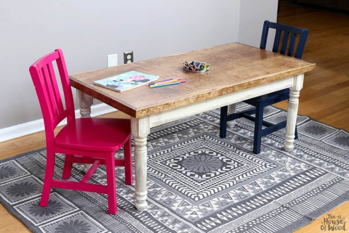 Kid's table idea for crafting farmhouse style with turned legs and natural wood tabletop