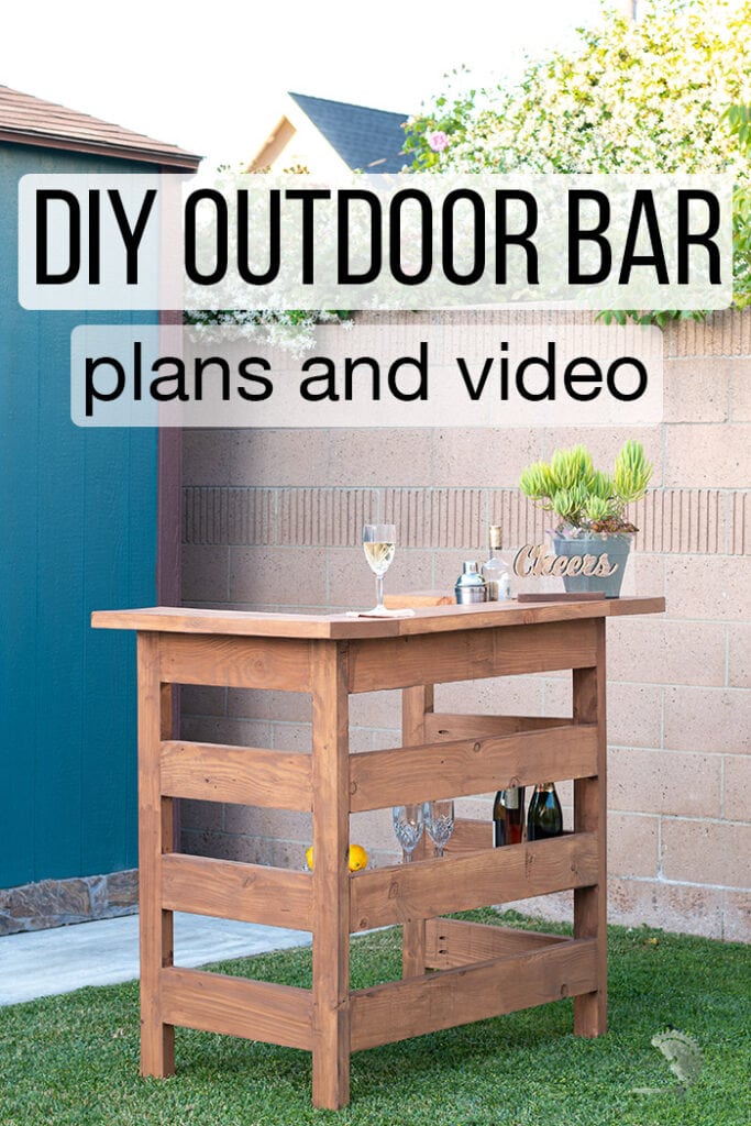 DIY Wooden outdoor bar in backyard with text overlay