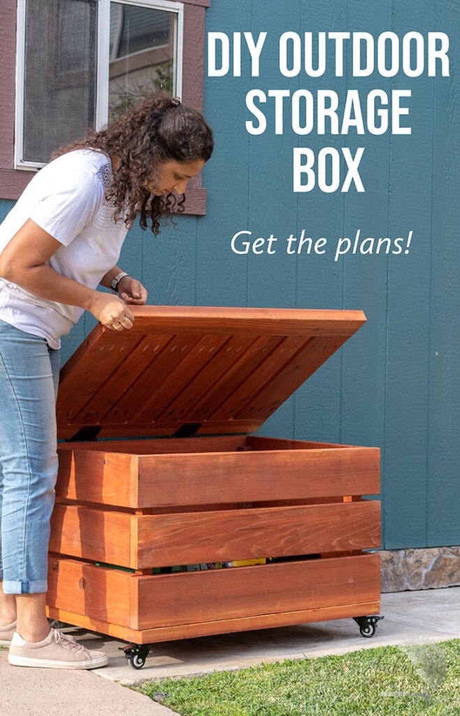 woman opening DIY outdoor storage box with text overlay