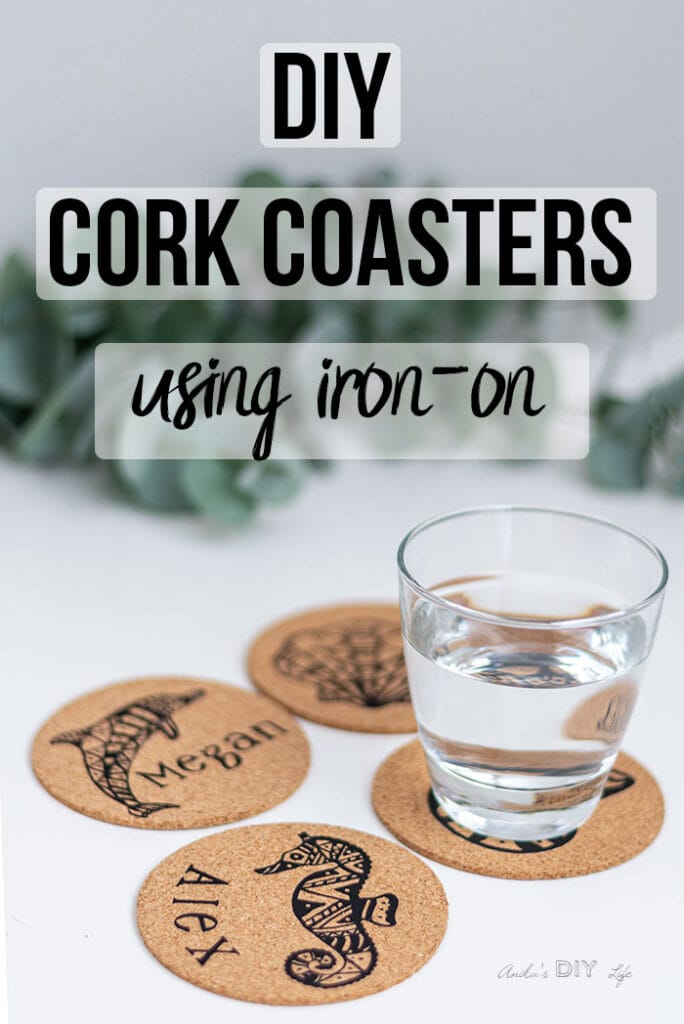 DIY personalized cork coasters on table with glass of water 