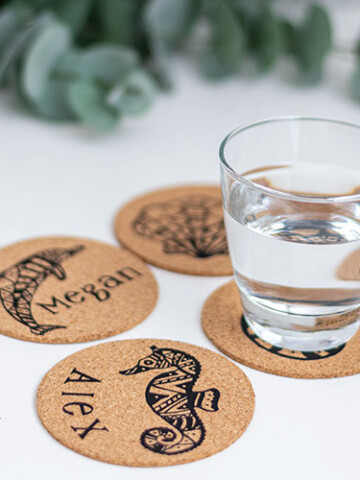 Learn how to make personalized cork coasters using iron on or heat transfer vinyl. This is a quick and easy DIY hostess gift idea using a Cricut machine.