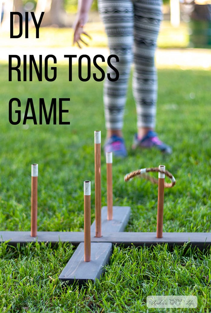 Girl playing with DIY ring toss game with text overlay