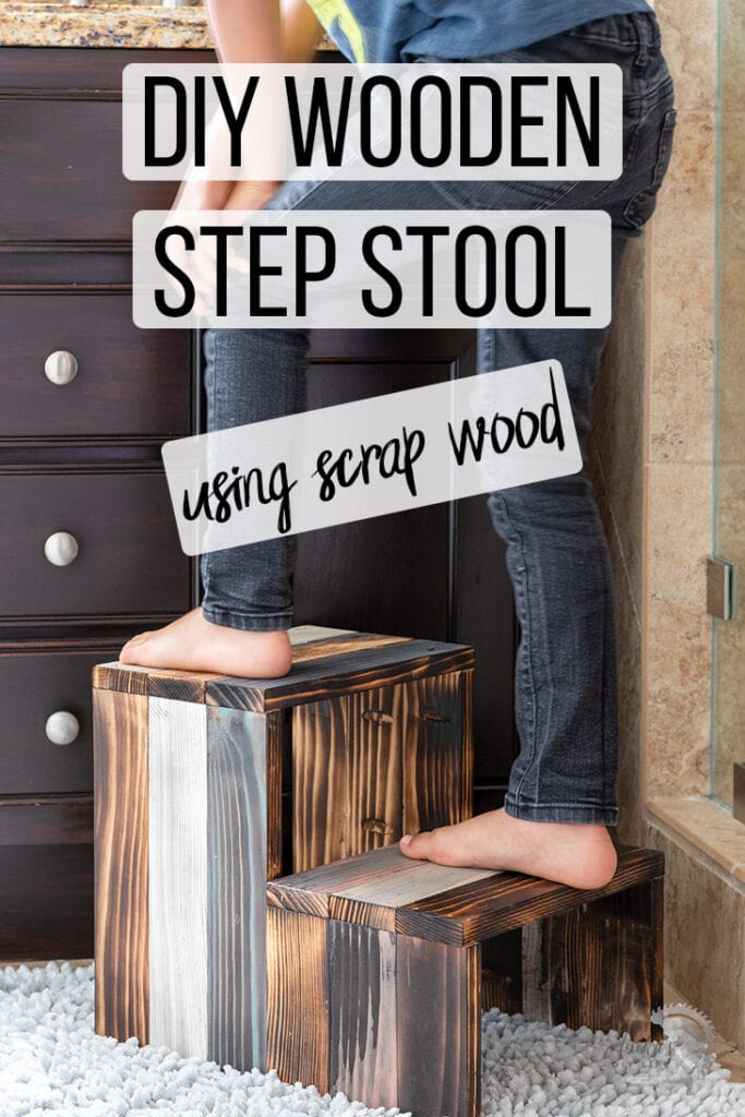 DIY wooden step stool with kid standing on it with text overlay