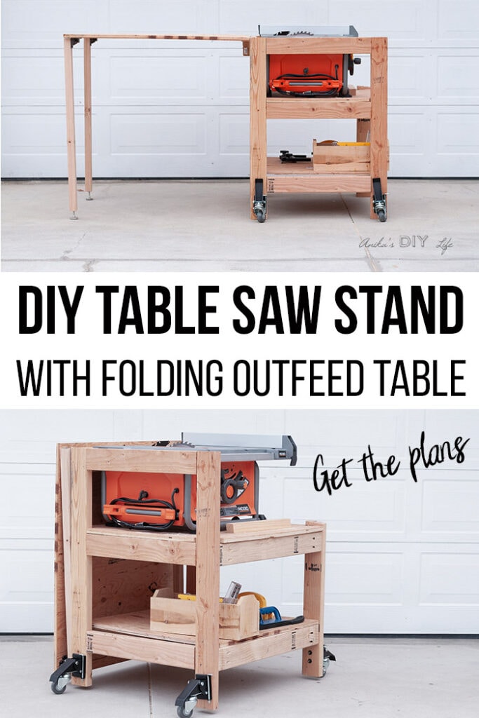 Collage of DIY table saw stand with folding outfeed table open and close. with text overlay