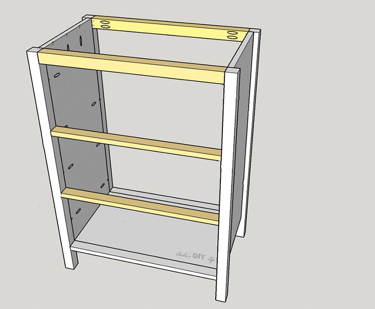 Schematic of attaching rails on DIY three drawer dresser 