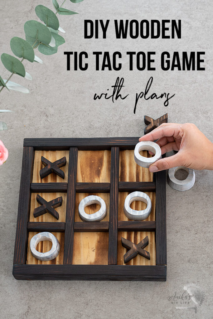 Playing wooden tic-tac-toe on the coffee table with text overlay