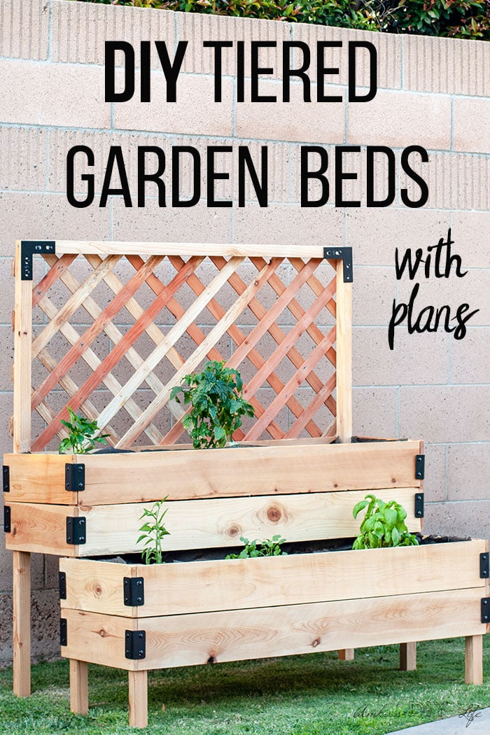 DIY Tiered raised vegetable bed with trellis in backyard with text overlay