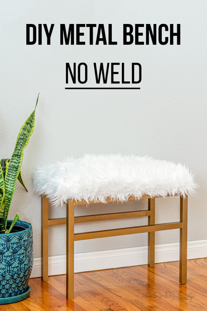 DIY metal bench with upholstered top in front of picture with text overlay