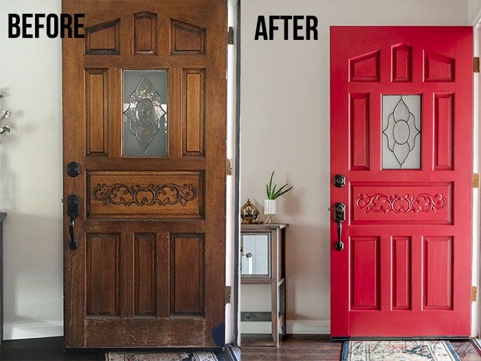 Before and after comparison of red front door makeover without removing it.