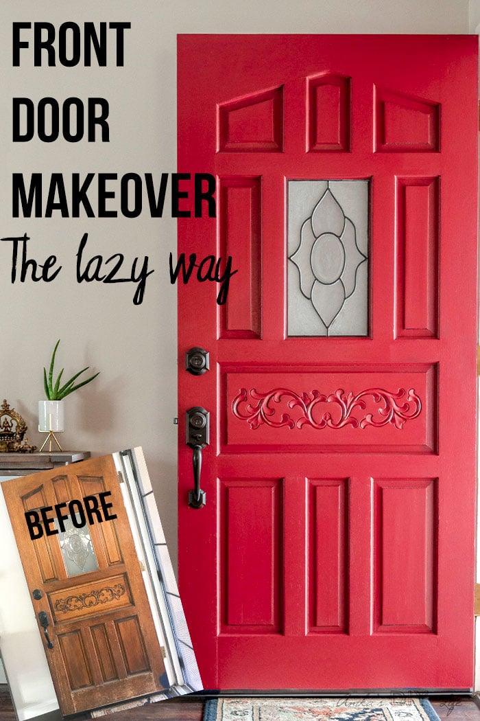 Before and after of front door makeover with text overlay