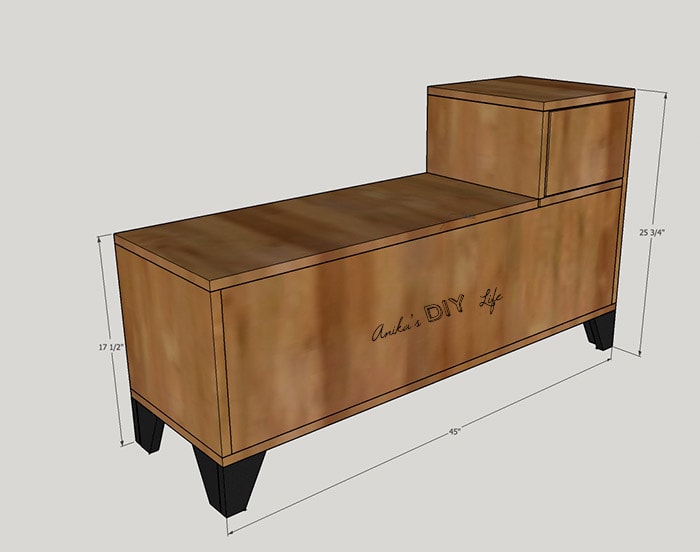 schematic of DIY entryway bench with storage