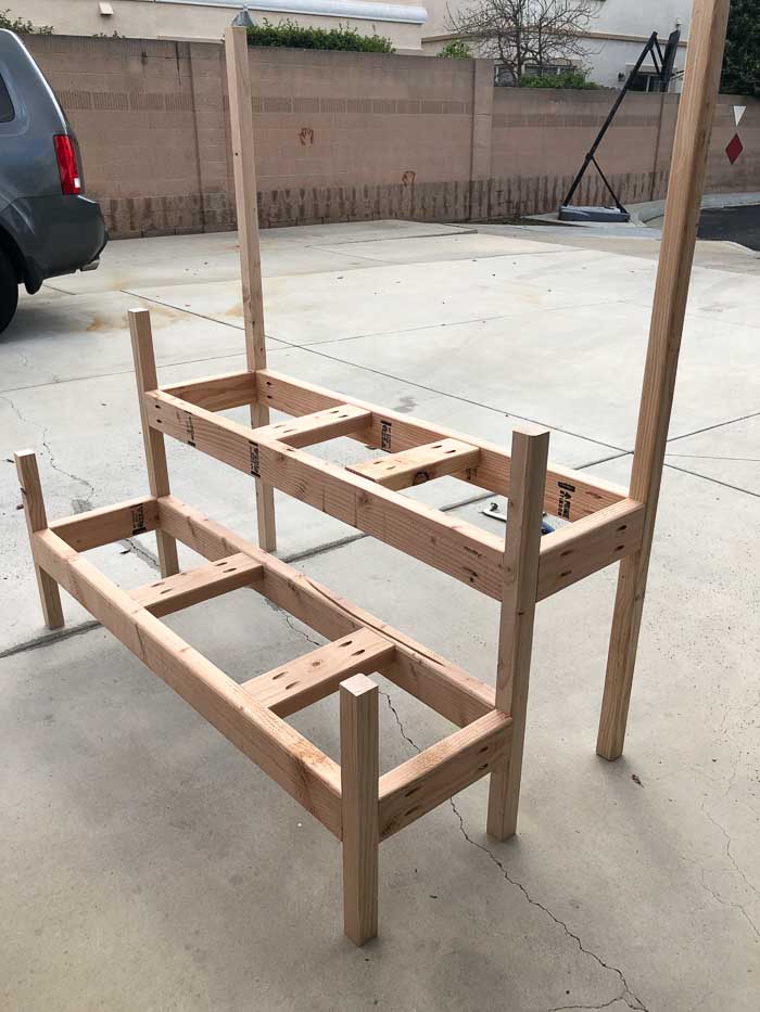 assembled skeleton of the raised cedar planter with two tiers.
