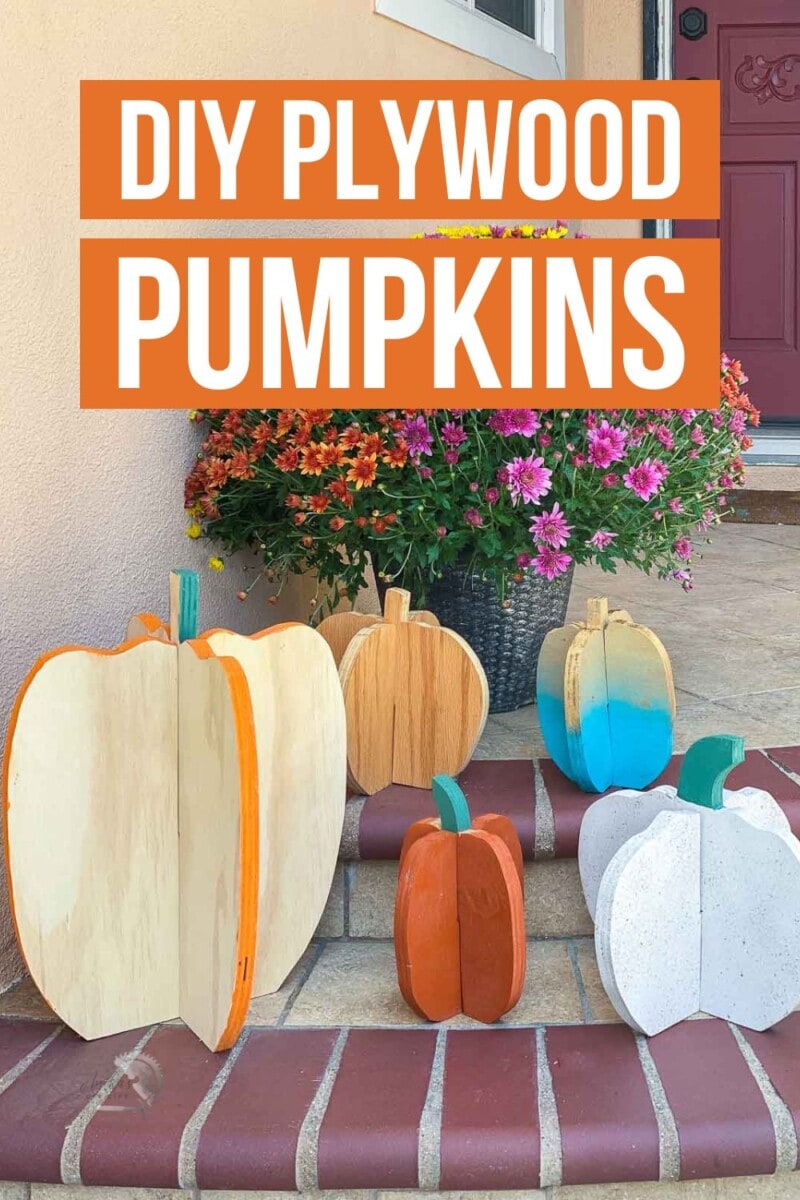Pinnable image of five DIY plywood pumpkins with text overaly "DIY plywood pumpkins"