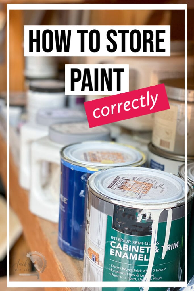 Paint cans in storage with "how to store" paint text overlay