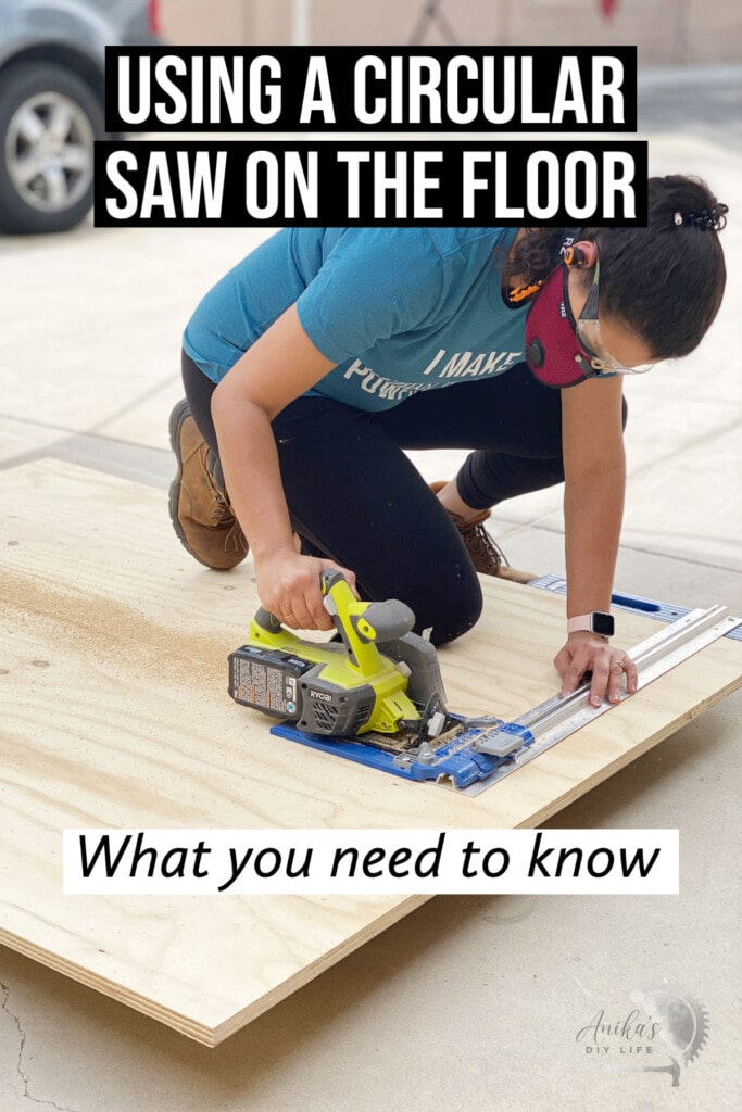 Woman cutting plywood on floor with circular saw with text overlay
