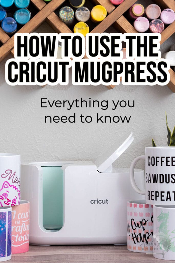 Cricut Mugpress on table with mugs and text overlay