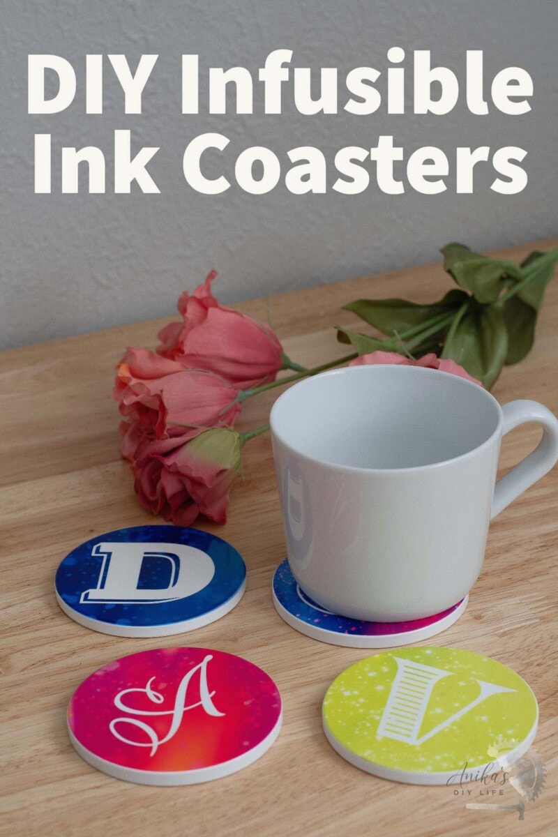 Infusible ink coasters on table with text overlay